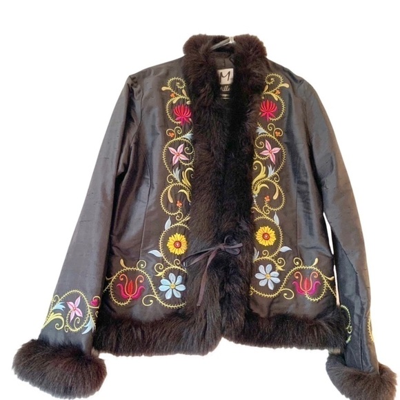 M. MILLER Black Silk Embroidered Boho Fur Collar & Cuff Evening Jacket.Size LG - Picture 9 of 11